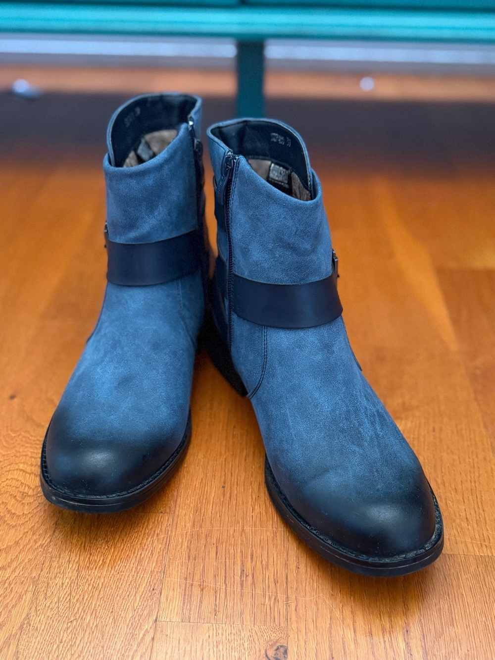 Ladies Blue Ankle Boots with Buckle Strap